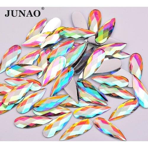 JUNAO 8x22mm AB Crystal Drop Rhinestones Applique Flat Back Resin Gems Crystal Strass Non Sewing Stones for DIY Decoration 100pc