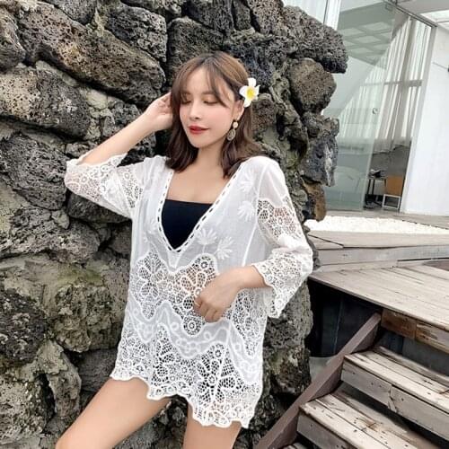 Summer Hollow Long Lace Embroidery White Blouses Crochet V-Neck Top 3/4 Sleeve Large Size Shirt