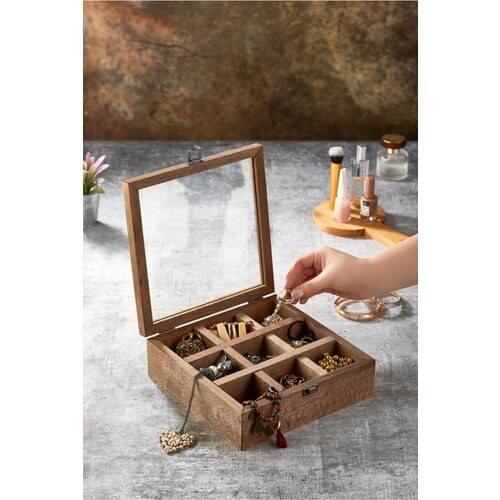Meliks 9 Compartments Wooden Organizer Wooden Jewelry Organizeri Jewelry Storage Box