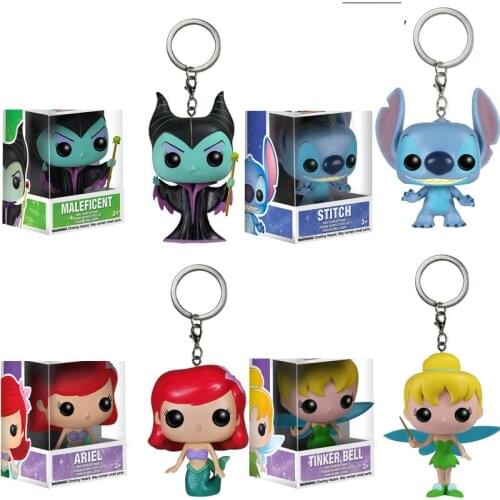 FUNKO Cute Cartoon Pocket Keychain Maleficent Tinker Bell Ariel Stitch Lilo PVC Action Figures Toys For Children Birthday Gift