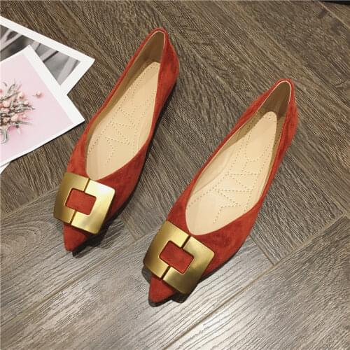 Brand Women Shoes Ballet Flats Fashion Metal Decoration Pointed Toe Ladies Casual Boat Shoes Solid Flock Soft Cozy Loafers