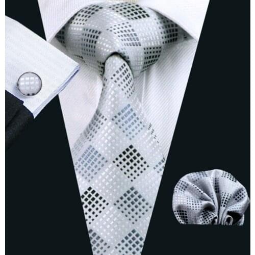 LS-355 Ties For Men Gray Plaid Classic 100% Silk Jacquard Woven Tie Hanky Cufflink Set For Formal Wedding Groom Party Business
