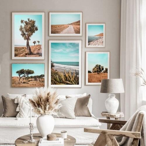 Wall Art Canvas Painting Blue Tropical Prairie Tree Ocean Beach Seascape Poster and Print Decoration Picture Living Room Decor