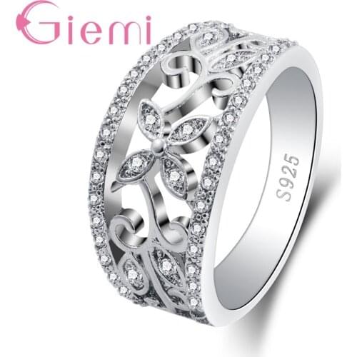 Real 925 Sterling Silver Lovely Dazzling Finger Ring For Women S925 Silver Luxury Wide Hollow Design Party Jewelry Hot Sale