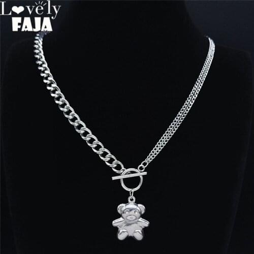 Punk Bear Stainless Steel Necklaces Women Silver Color Animal Necklace Pendant Fashion Jewelry chaine acier inoxydable NXS03