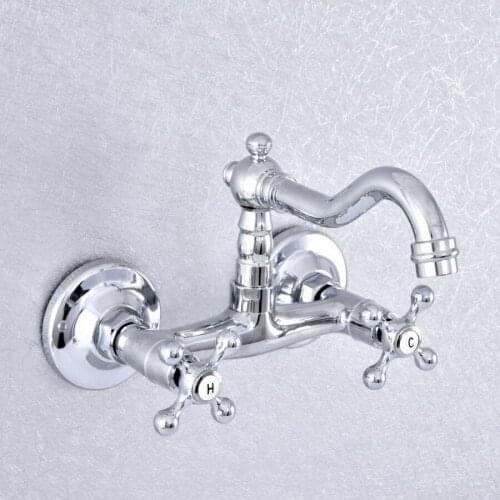 Polished Chrome Brass Wall Mounted Bathroom Kitchen Sink Faucet Swivel Spout Mixer Tap Double Cross Handles