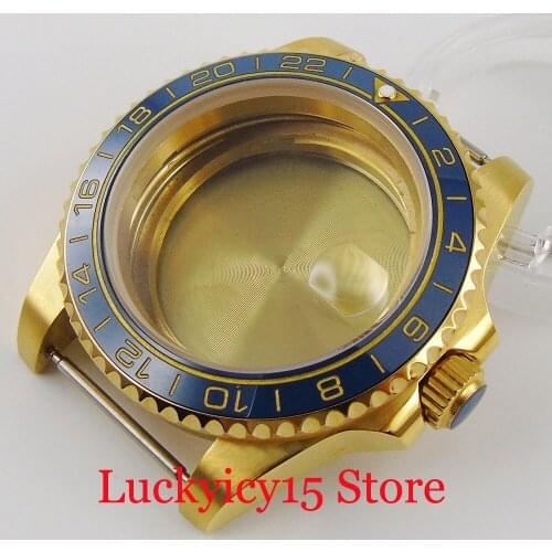 Luxury Automatic Gold Coated Watch Case Fit ETA 2836 MIYOTA Movement Sapphire Glass with magnifier Ceramic Bezel