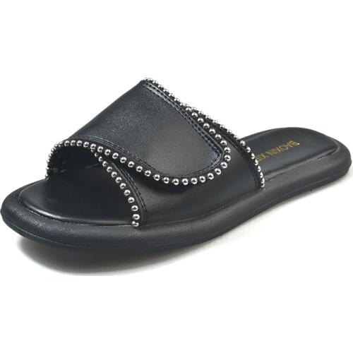 Slipper summer sandals lithe woman Lin Xiaoli Velcro Beads Muller slippers flat heel high quality white and black