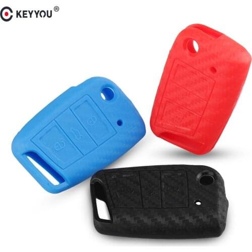 KEYYOU Carbon Fiber silicone rubber key fob protect cover Silica gel case 3 buttons For VW key Polo 2016 golf 7 MK7 for Skoda A7