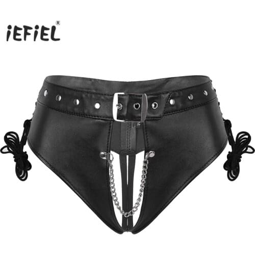 Sexy Panties PU Leather Briefs Lingerie Underwear Punk Low rise Crotchless Erotic Women Underpants Nightclub Parties Costumes