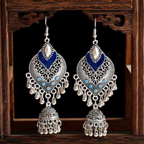 TopHanqi Boho Vintage Ethnic Dangle Drop Earrings For Women Indian Jhumka Jewelry Silver Color Hollow Bells Statement Earrings