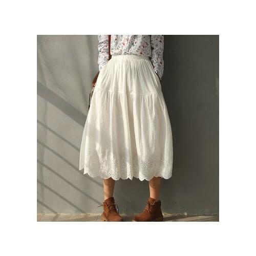 Korean Women Floral Embroidery Retro Mori Girl Loose Elastic Waist Gothic Cotton Sweet Skirt Saia Female Casual Long petticoat