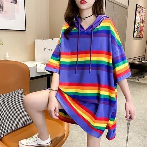 Harajuku Stripe Plus Size Block Rainbow Hooded Pocket Tee Top Streetwear Women/Men Long T-Shirt Pullover T-Shirt