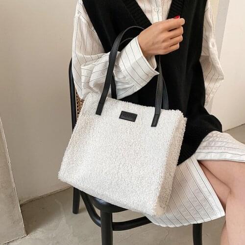 Female Large Capacity Totes Portable Hit Color Winter Plush Shoulder Bag Daily Handbag Youth Ladies Simple Versatile Bag