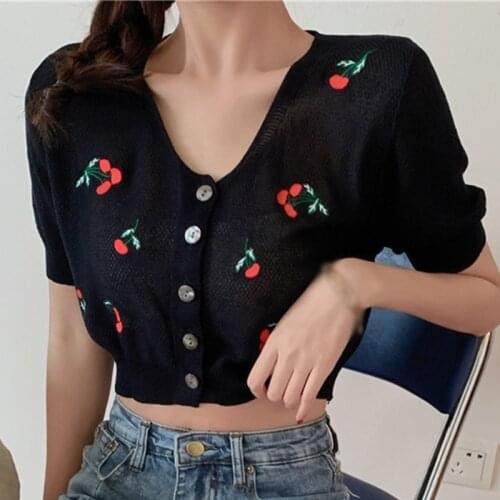 Women Hollow V-neck Cropped Top Cherry Embroidered Shirts Short-sleeved Knitted Cardigan