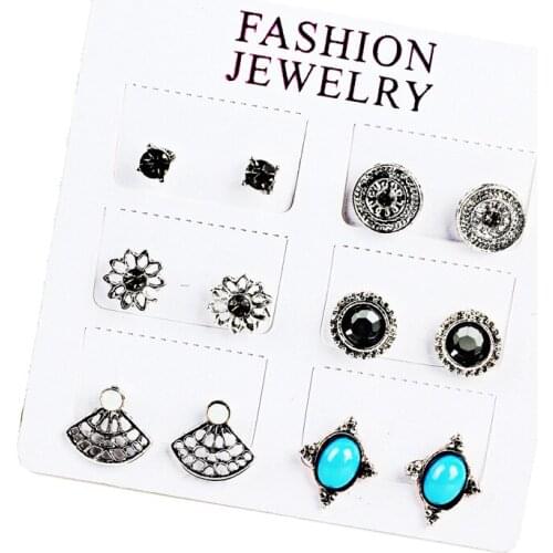 6 Pairs Set Earrings for Women Retro Alloy Stud Earring 6 Pcs/Sets Vintage Cute Female Ear Studs Errings Woman Jewelry As Gifts