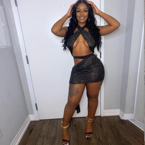 Black Bling Bling Sexy 2 Piece Skirt Set for Women Summer Criss Cross Halter Backless Bra Top Sheath Mini Skirt Birthday Club