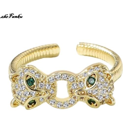 Zircon Double Panther Head Ring Popular Personality Hip-hop Pnunk Open Ring Cool Women Adjustable Leopard Finger Accessories