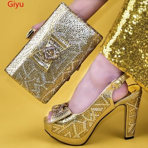 Doershow Fashion Women nice gold Shoes And Bag Set To Match High Quality Italian Shoes With Matching Bags For Party! HYY1-17