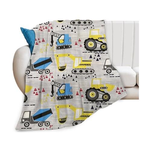 Tractor Flannel Blanket, Excavator Sherpa Blanket, Kid Cartoon Throw Blanket, Equipment Truck Crane Bed Blanket for Boys