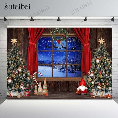 Interior Santa Claus Christmas Tree Decoration Photo Studio Backgrounds Window Winter Frozen Snow Scene Backdrops Photography