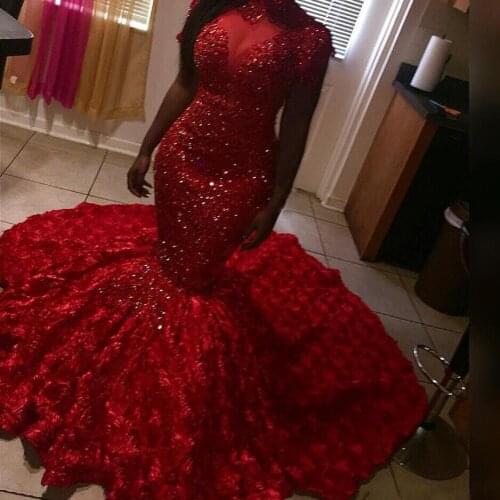 Delicate Beads Red Prom Dresses Mermaid High Neck Long Sleeves 3D Floral Sweep Train Evening Gowns Plus Size Red Carpet Dresses