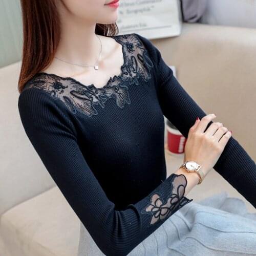 Lace shirt sleeved 2020 female Hitz low collar gauze take all-match outer coat sweater slim