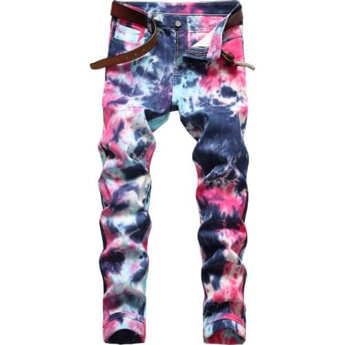 Men’s Camouflage Print Jeans,Slim&Straight Stretch Denim Pants,Washed Colorful Splash Ink Character Design Street Fashion Pants