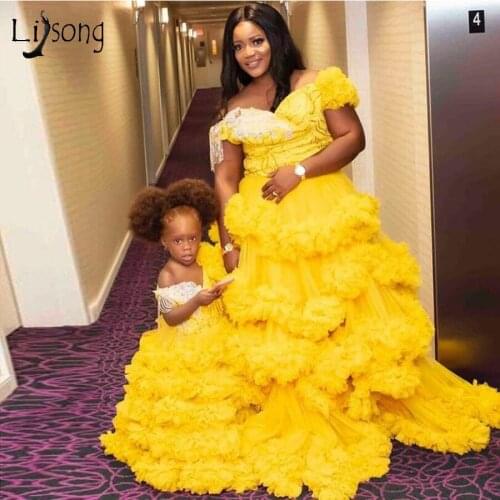New Bright Yellow Ruffles Tulle Prom Dresses Puffy Tulle Ball Gowns With Shiny Sequin Lace Long Formal Party Dress