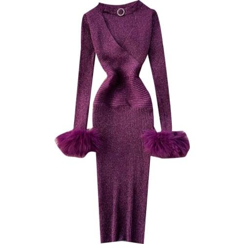 Autumn Winter Shiny Knitted Dress For Women Long Sleeve Hollow Out Bodycon Sexy Party Dresses Slim Elastic Warm Base Femme Robe