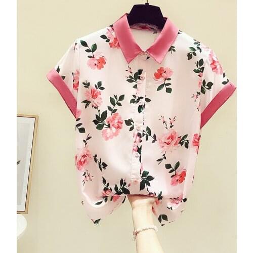 Pink Floral Women Shirts Summer New Design 2021 Turn-Down Collar Short-Sleeved Slim Elegant Office Lady Outwear Tops