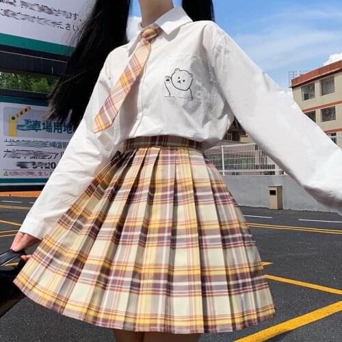 Japanese Girls Spring Autumn Long Sleeve White Shirt and High Waist Plaid Pleated Skirts Women JK School Uniform Students Cloths