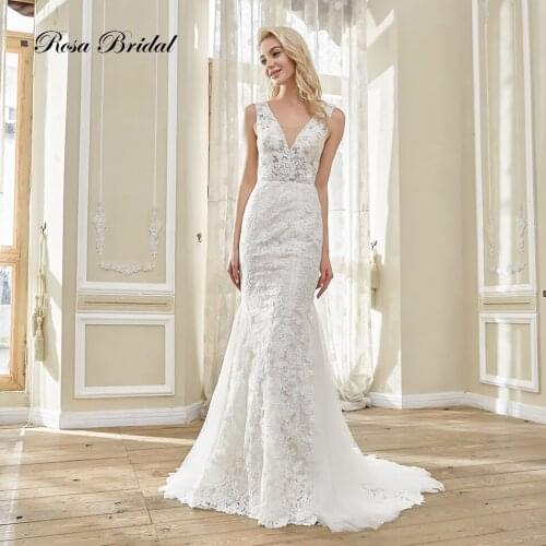 Rosabridal 2019 new Mermaid Wedding Dress Glimpse Deep V-neck Sleeveless Beading Lace Embroidery invisible backless dress