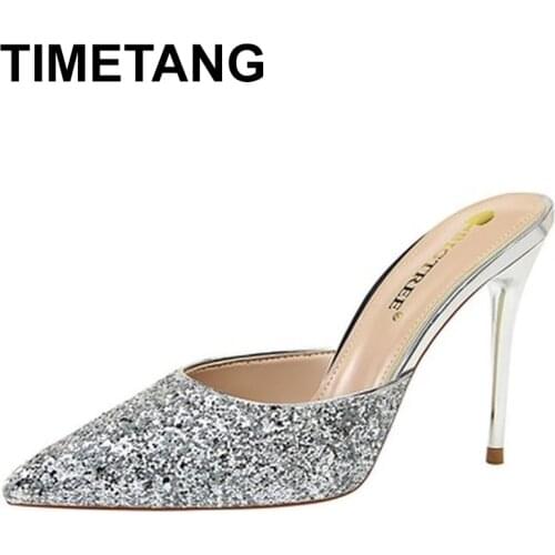 TIMETANG Woman Sequined Thin Heels Slippers Women Pointed Toes Slingback Shoes Female Leisure Shoes Woman 9.5cm High Heels Shoes
