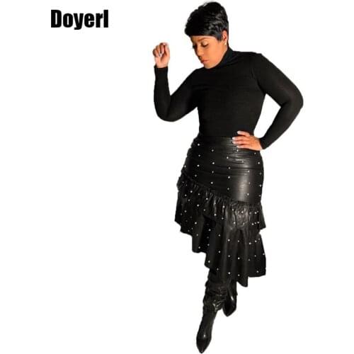 High Waist PU Leather Skirt Women Plus Size Korean Fashion Peals Beading Asymmetrical Ruffle Skirt Sexy Bodycon Pencil Skirt