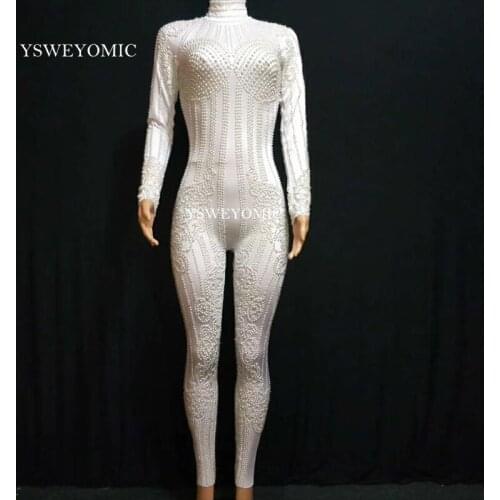 High quality White Pearls Stretch Bodysuit Stage Dance Wear Jumpsuit Womens Party Female Singer Costume Celebrate Outfit