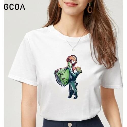 Funny Cartoon T Shirt Women Harajuku Ullzang T-shirt Disney Anna and Kristoff Lovers Graphic Tshirt Fashion Top Tees Female