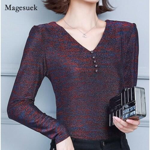 Sexy Elegant Slim Tops Blusas 2021 Autumn Winter Women Fashion Long Sleeve T-shirt V-neck Long Sleeve Blouse with Pearl 16731