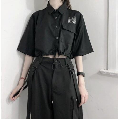 Woman Tshirts Hong Kong Style Summer Letter Print Shirt Tooling Elastic High Waist Shirt Women Short Harajuku Vintage Undefined