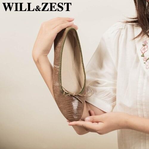 WILL&ZEST Woman Leather Ballet Flats Comfortable Work Nursing Shoes Designer Mocassin Vintage Dropshipping Green Women Clothing