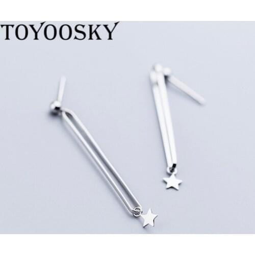 Real 925 Sterling Silver Geometric Hollow Rectangular Drop Earrings For Women With Small Star Contracted OL Jewelry