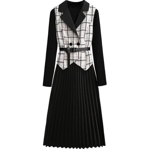 Plus Size Womens Autumn 2021 New Fashion Street Elegant Dress Suit Tweed Plaid Vest Dress Two-Piece Suits Trend s1184