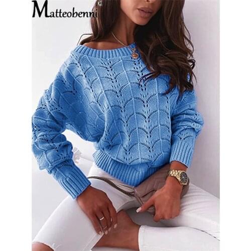 2021 Spring Autumn Fashion Hollow Out Sweater Thin Bat Sleeve Off Shoulder Sweater Women Casual Knitted Pullover Loose Jumper