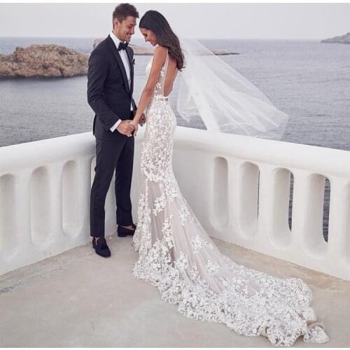 Backless Mermaid Beach Wedding Dresses 2020 V-neck 3D Lace Applique Sweep Trumpet Steven Khalil Garden Bridal Dresses