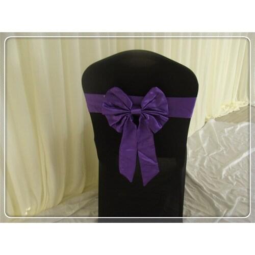100pcs plastic chair bows stiff plastic fabric chair band purple for wedding decoration free shipping