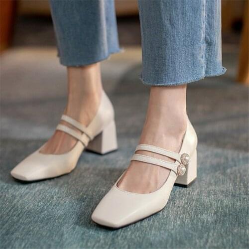 2021 High Quality Fashion Women Pumps Spring Comfortable High Heels Shoes Woman Pearl Ankle Strap Pumps Party Office beige