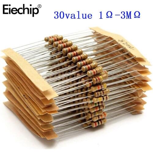 300pcs 30value Rang 1ohm-3M ohm 1/2W Carbon Film Metal Resistors Assortment Kit Set NEW 30 Values Resistor Hot Sale