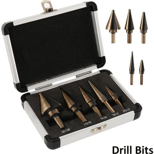 5pcs Step Drill Bit Set Hss Cobalt Multiple Hole 50 Sizes SAE Step 1/4-1-3/8 3/16-7/8 1/4-3/4 1/8-1/2 3/16-1/2 Aluminum Case