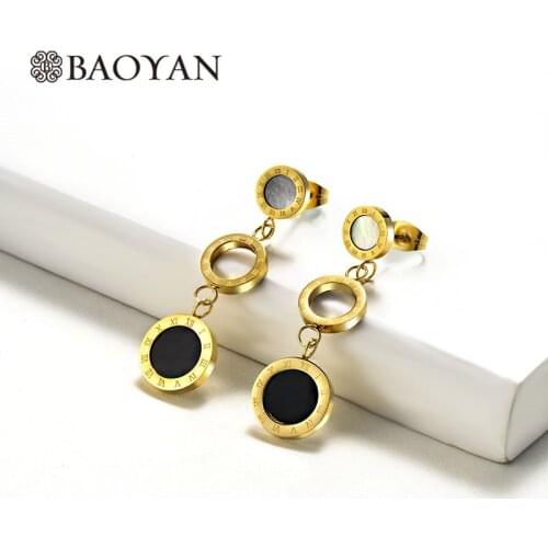 Baoyan Hollow Round Stainless Steel Earrings Gold/Silver Roman Numerals Drop Earrings Vintage Titanium Long Earrings For Women