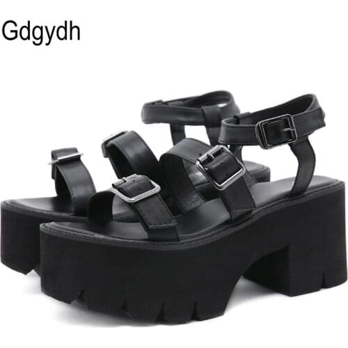 Gdgydh Vintage Platform Heels Chunky Block High Heel Sandals Women Black Punk Belt Buckle Gothic Shoes For Student Uniform Japan